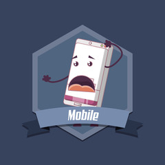 emblem of mobile concept with cartoon surprised smartphone over gray background, colorful design. vector illustration