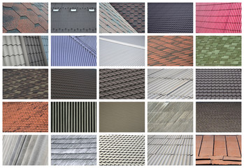 A collage of many pictures with fragments of various types of roofing close up. A set of images with roof coating textures © mehaniq41