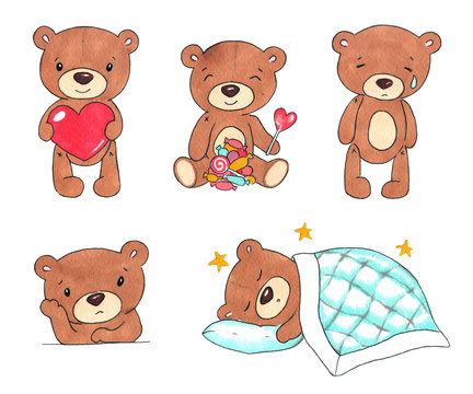 Hand drawn colorful illustration. Watercolor artwork set. Cute Teddy bear holding heart, lollipops, candy, crying, sad, sleeping under the blanket. Pictures for children.