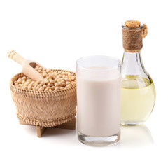 Soy milk, soybean oil and soybean isolated on a white background