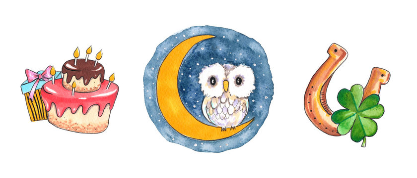 Hand drawn colorful illustration. Watercolor artwork set. Owl sits on half moon on night sky with stars. Cake and gift box for birthday. Golden horseshoe with four-leaf clover. Pictures for children.