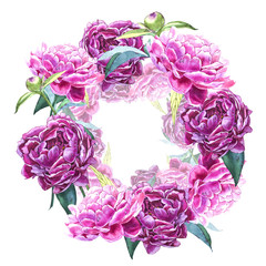 Watercolor botanical illustration. Wreath border frame with peony flowers.