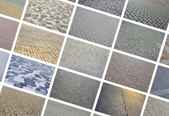 A collage of many pictures with fragments of paving tiles close-up. Set of images with pavement...