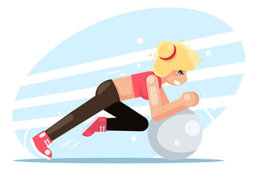 Girl fitball fitness women health exercise female sport flat design vector illustration