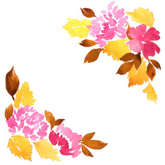 Naklejka na ściany i meble Floral watercolor corner arrangement. Hand painted loose pink dahlia flowers