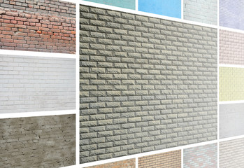 A collage of many pictures with fragments of brick walls of different colors close-up. Set of images with varieties of brickwork