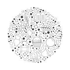Shavuot holiday flat design black thin line icons set in round shape