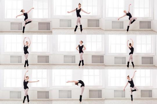 Set of young ballerina standing in ballet poses