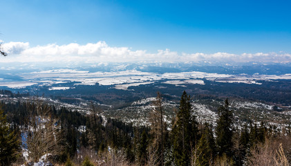 Slovakia: View of small tatra (nizke tatry) from the Strbske Pleso. Mountains panorama in far, trees in foreground. Beautiful far look.