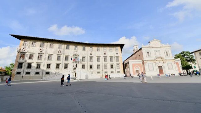 PISA, ITALY - APRIL 30, 2018: Time Lapse of Knights Square with tourists. Pisa attracts 5 million people annually