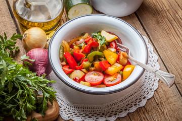 Ratatouille on a rustic table.
