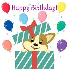 Naklejka premium Cute cartoon puppy in cartoon style, peeking out of the gift box against the background of balloons. Happy Birthday. Flat, vector.