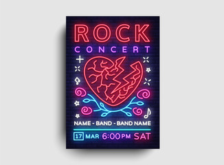 Rock music concert poster vector. Design Template Rock Music Festival, Neon Style, Neon Banner, Light Flyer, Concert Invitation, Rock and Roll Music, Night Party Invitation. Vector illustration