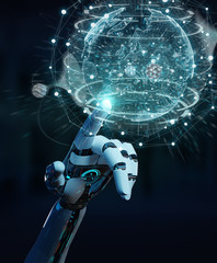 White cyborg hand using planet Earth interface 3D rendering