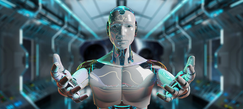 White male cyborg opening his two hands 3D rendering