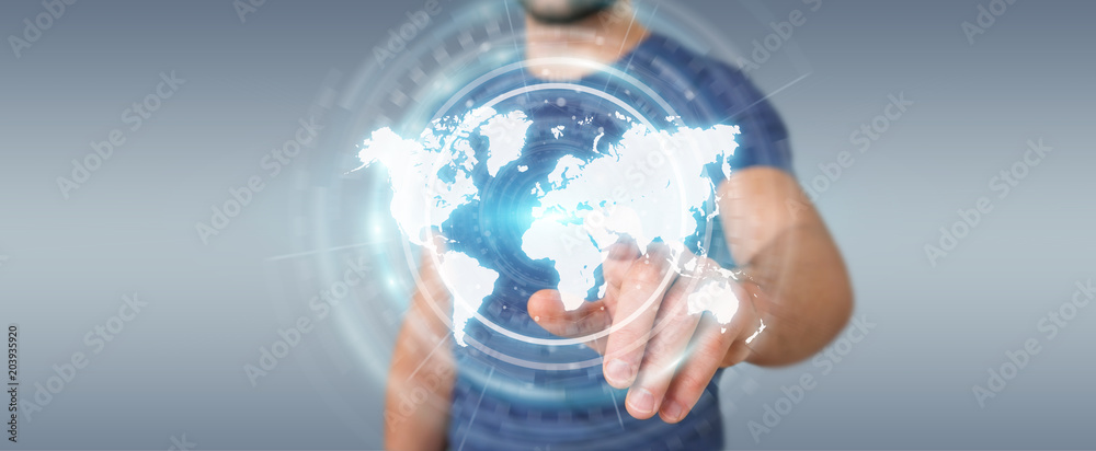 Poster Businessman using digital world map interface 3D rendering