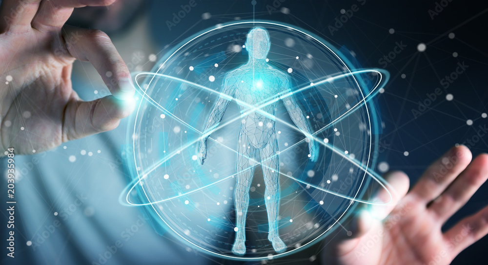 Poster Businessman using digital x-ray human body scan interface 3D rendering