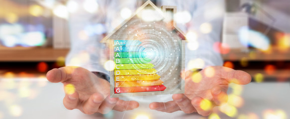 Businessman using 3D rendering energy rating chart in a wooden house