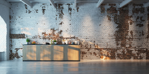 kitchen in old brick wall loft apartment