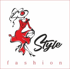 The girl shows off her clothes. Fashion model. Style.Inscription. Design for beauty industry. The lady in the hat and the red dress. Vector.