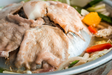 Thai barbecue buffet Pork pan and Vegetable soup Thai Recipe.