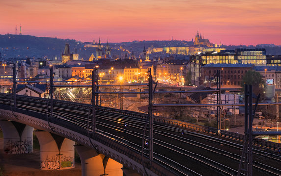 View of city center and Prague castle from Vitkov hill with railroad at the foreground