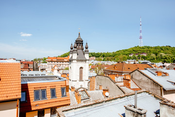 Obraz premium Cityscape view on the old town of Lviv city, Ukraine