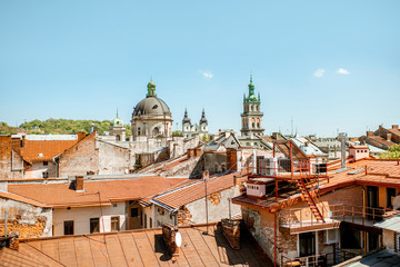 Fototapeta premium Cityscape view on the old town of Lviv city, Ukraine