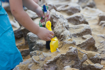 Children are learning dinosaur remains, Excavating dinosaur fossils simulation in the park.