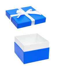 Blue open gift box with white bow