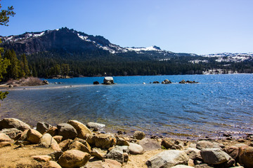 Fototapeta na wymiar Mountain Lake In Winter With Shoreline Boulders