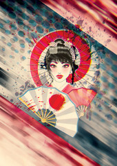 Grunge Poster with Geisha