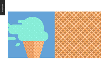 Simple things - meal - flat cartoon vector illustration of mint ice cream in waffle cone on blue background, summer postcard, vector illustration, waffle cone pattern, grid - meal composition