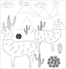 Coloring page of cartoon lama. Vector illustration, coloring book for kids.