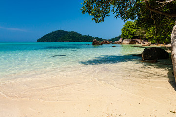 Beautiful deserted tropical sandy beach surrounded by lush jungle (Surin Islands, Thailand)