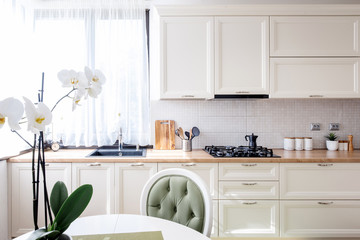 contemporary kitchen with modern furniture and flower. interior design modern