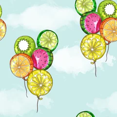 Gordijnen Naadloos patroon - fruitballonnen die in de blauwe lucht vliegen © inquieta