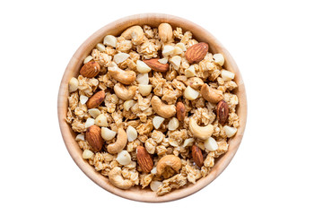Close up top view granola in the bowl on isolated with clipping path.