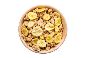 Close up top view granola in the bowl on isolated with clipping path.