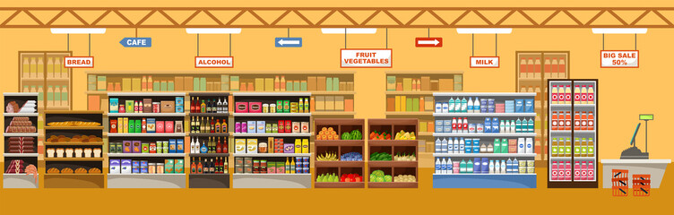 Supermarket interior with products. Big store