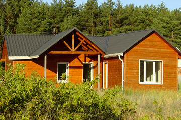 Wooden House In Countryside. Ecological Small Wooden House. Wooden House With Meadow In Front Of It. Beautiful Modern Wooden House, Front Elevation. Front View.
