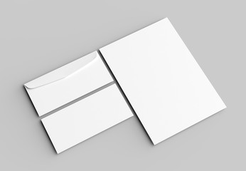 Envelope and letter mock up isolated on soft gray background. 3D illustrating. - obrazy, fototapety, plakaty