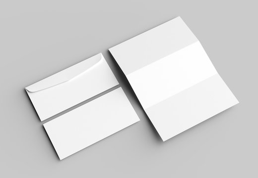 Envelope and letter mock up isolated on soft gray background. 3D illustrating.
