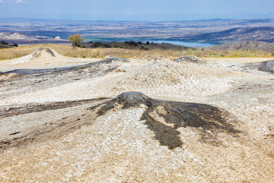 Vashlovani National Park.Georgia. Place Takhti-Tefa on the border with Azerbaijan. Crater of mud volcanoes with trace of oil