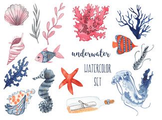Obraz premium Podwodny zestaw akwareli. Muszle, korale, rozgwiazdy, ryby, meduzy, koniki morskie i wodorosty. Akwarela ilustracja na białym tle akwarela