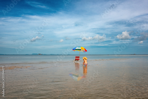 Woman Bikini Taking Picture Of Beach Couch Chair Stand On