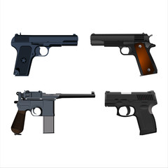 Set of realistic pistols isolated on white background. Vector illustration