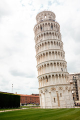 Travel in Italy. Architecture of Pisa. Leaning Tower of Pisa on a sky background