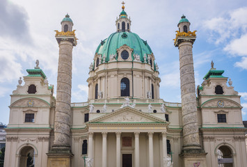 Fototapeta na wymiar Front view of St Charles baroque church in Vienna city, capital of Austria