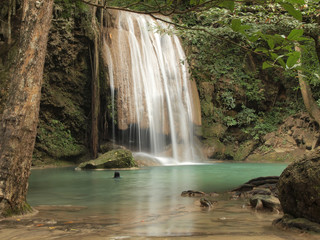 Beautiful and breathtaking green waterfall, Erawan Waterfall  at Kanchanaburi, Thailand